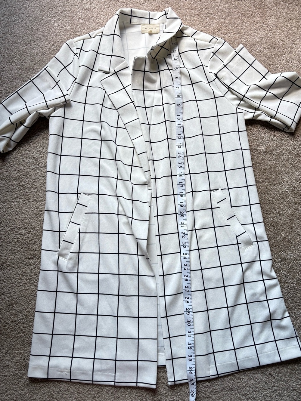 MELLODAY Black & Off White Plaid Long Trench Style Blazer - Picture 13 of 15